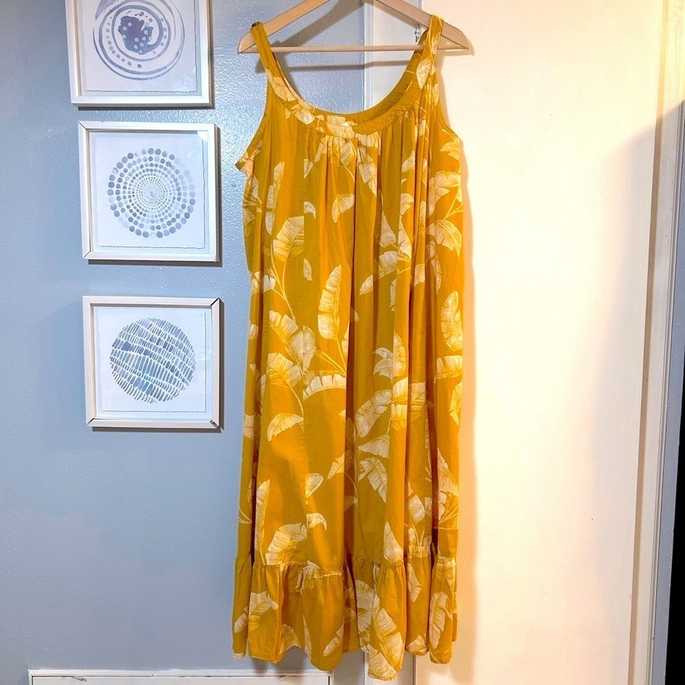 H&M Women’s Yellow Leaf Print Midi Ruffle Hem Flounced Dress Size 8 - Picture 2 of 6